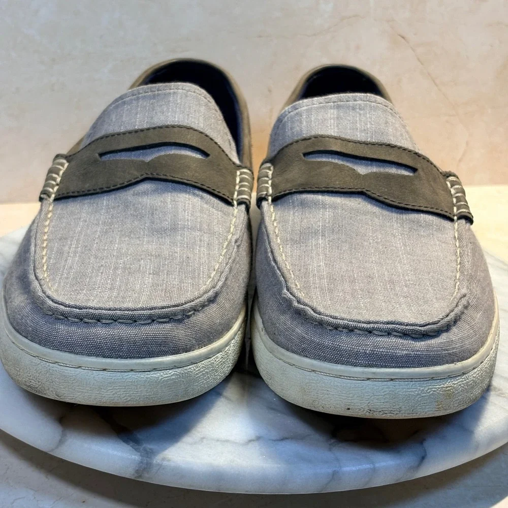Cole Haan Mens Grand.OS‎ Gray Chambray Textile Leather Penny Loafer Shoes 11.5